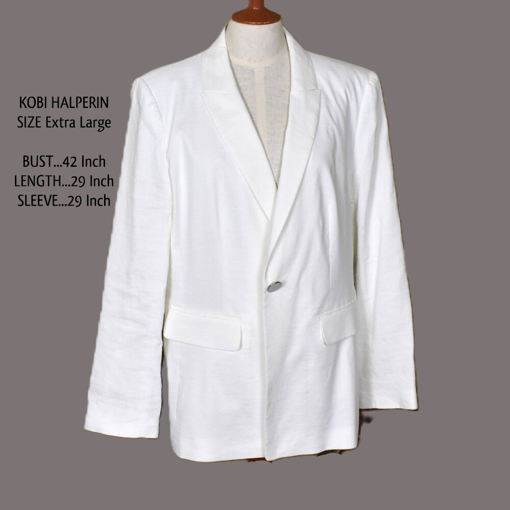 KOBI HALPERIN Jacket Blazer Coat XL White 1 Button Lined Faux Pockets BIN 9
